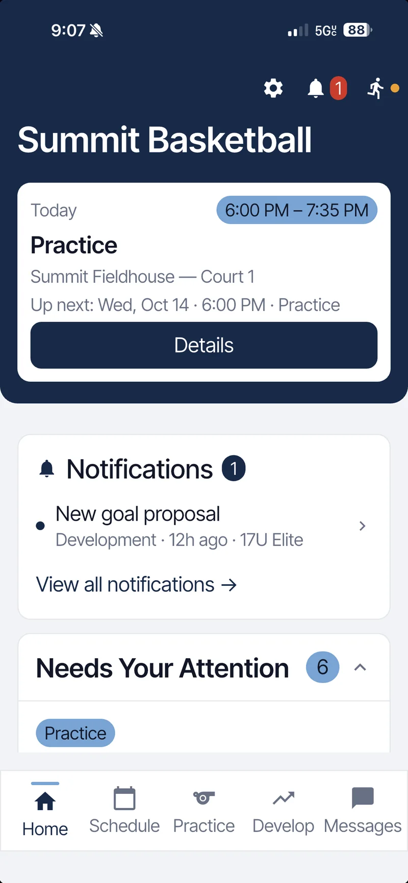 Coach Home screen showing today's 6:00 PM practice, new notifications and the Needs Your Attention list