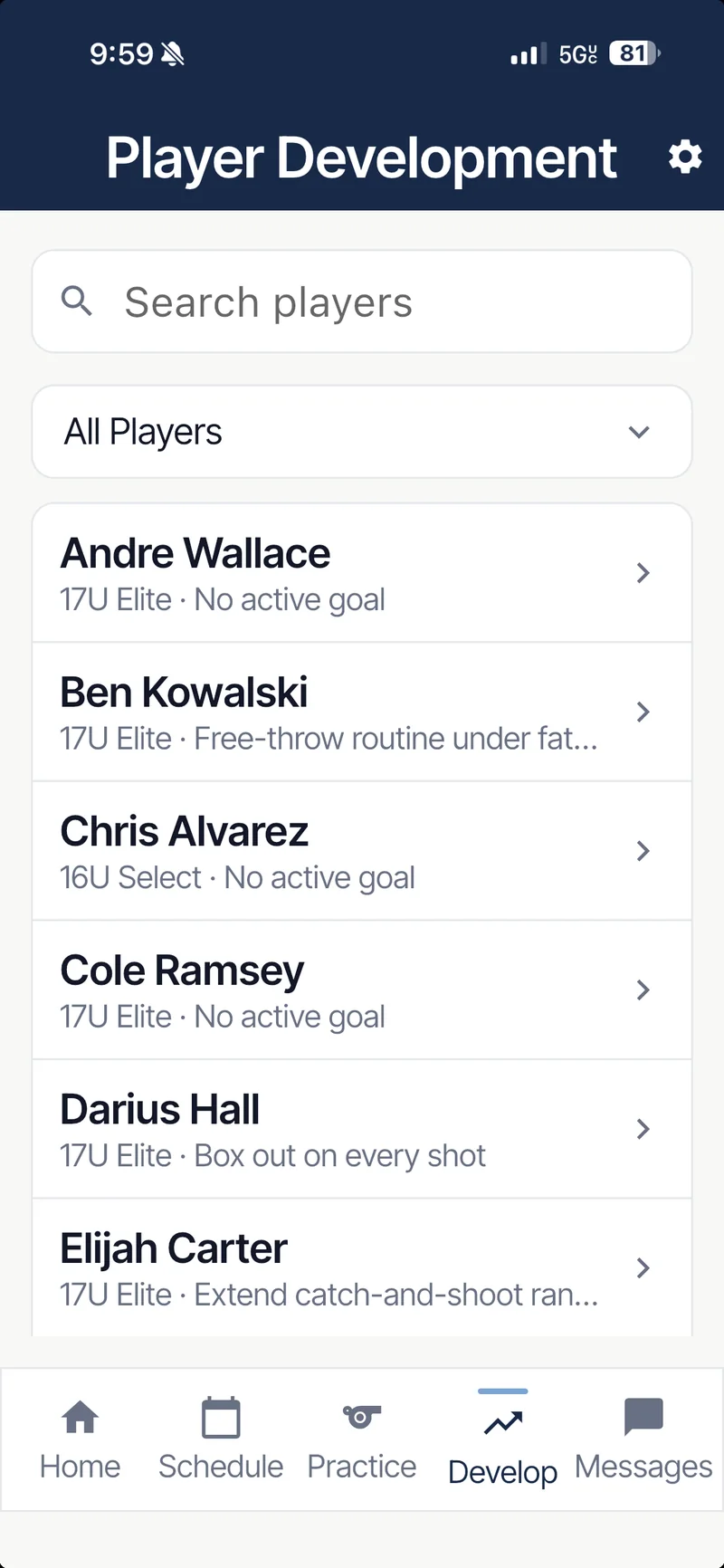 Player Development roster listing each player's active goal