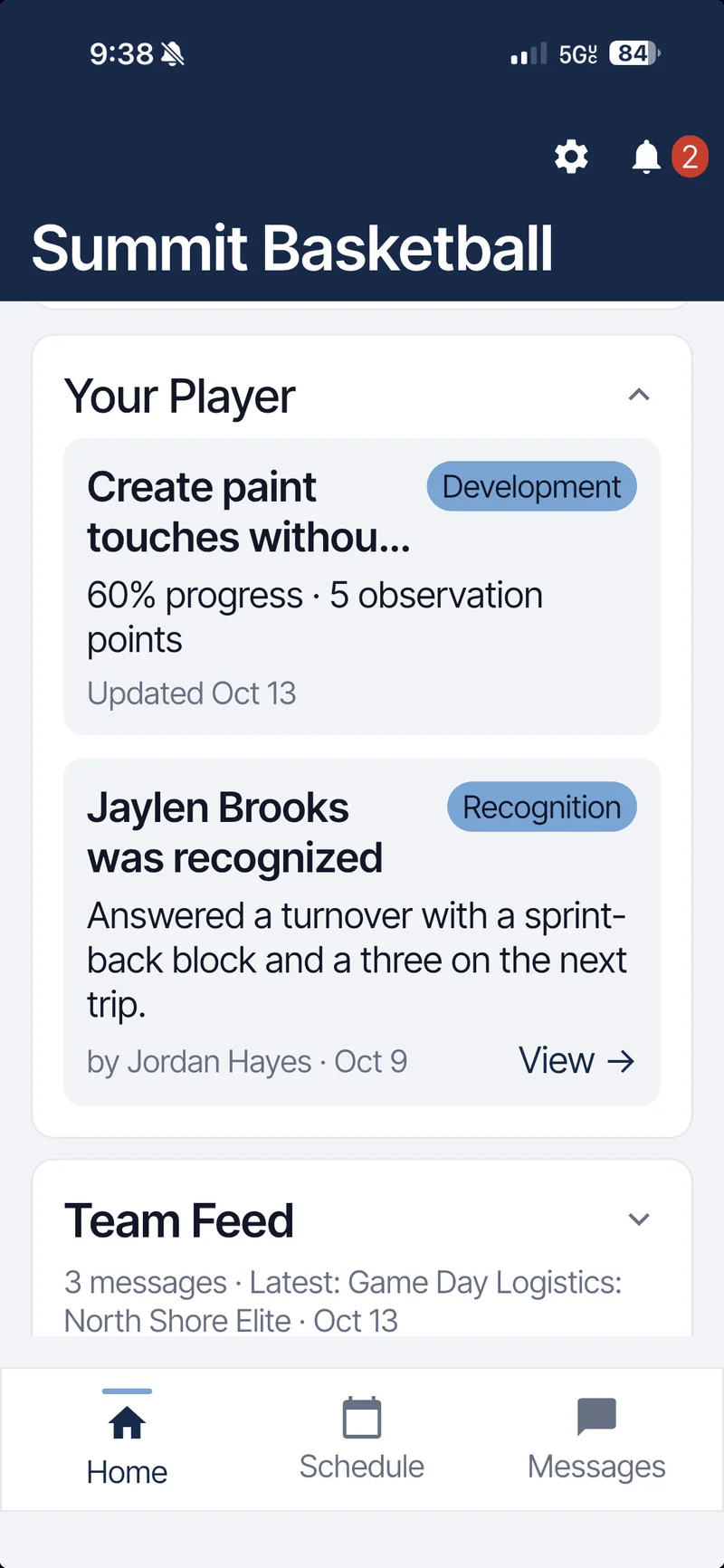 Parent Home: Your Player card with goal progress and a recognition, plus the team feed