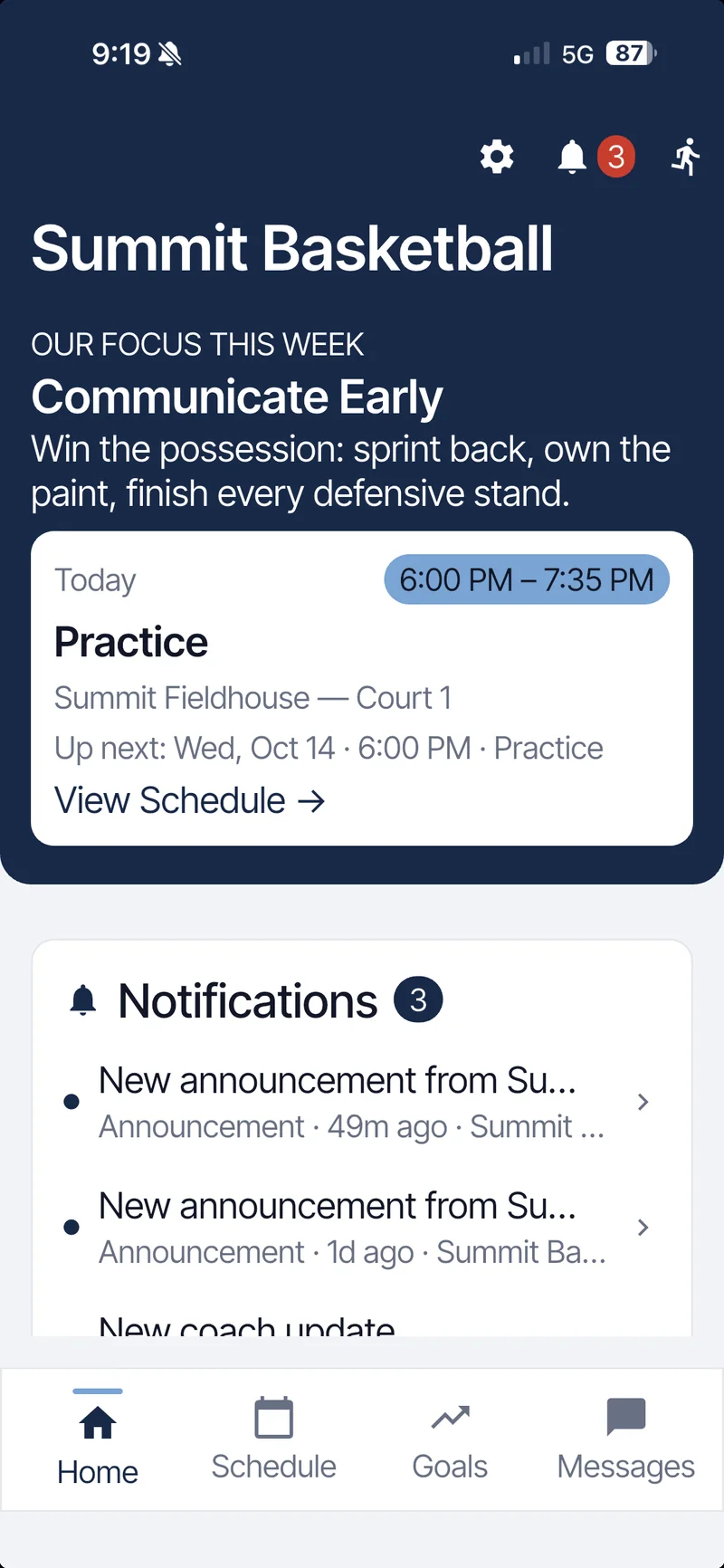 Player Home: this week's team focus Communicate Early and tonight's practice