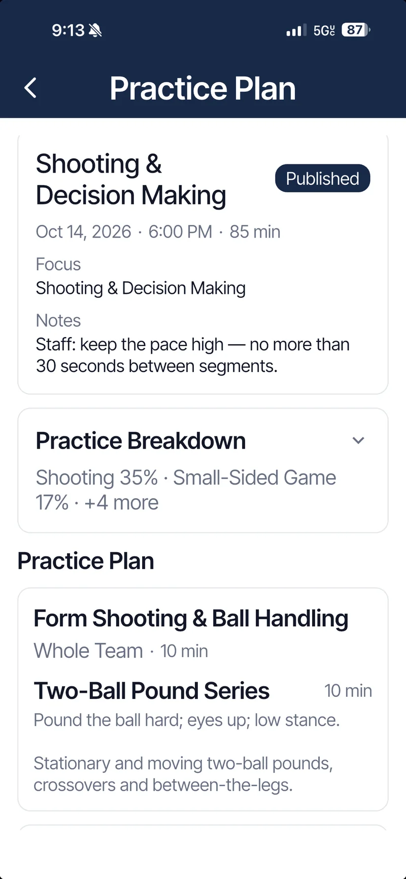 Published practice plan, Shooting and Decision Making: 85 minutes, focus, staff notes and practice breakdown