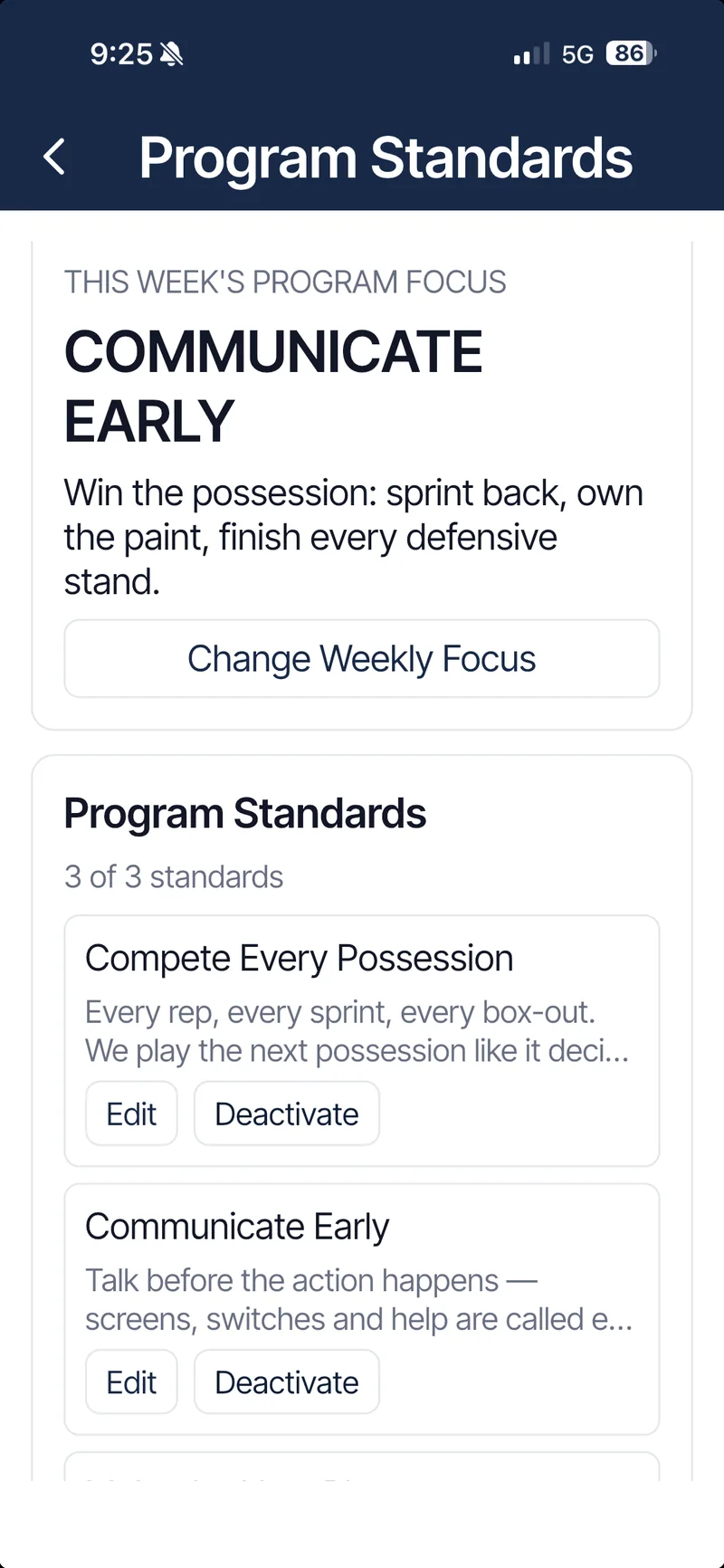 Program Standards: this week's focus Communicate Early, and the standards Compete Every Possession and Communicate Early