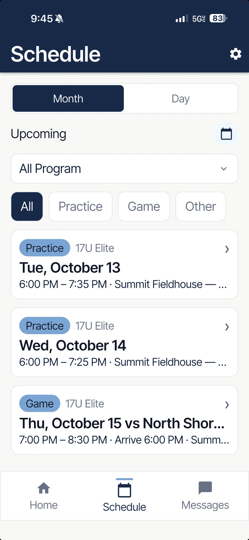 Schedule as players and families see it: upcoming practices and Thursday's game, filterable by event type