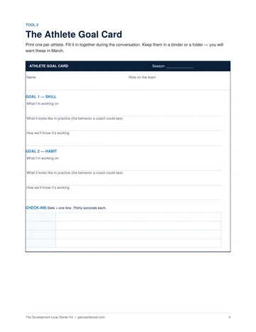 The Athlete Goal Card with spaces for a skill goal, a habit goal and check-ins